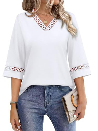 WIHOLL White Shirt for Women Trendy Tops Dressy Casual 3/4 Bell Sleeve Eyelet Lace Blouses Summer Spring 2026 Beach Vacation Clothes Work Travel Fashion Women's Clothing S | Amazon (US)