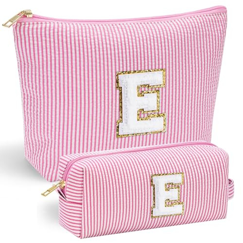 YOOLIFE Personalized Makeup Bag for Women - Monogram Cosmetic Bag Travel Toiletry Bag Brush Holder Birthday Gifts for Women Her Wedding Bridesmaid Friend Sister Teacher Wife Grandma Pink Initial E | Amazon (US)