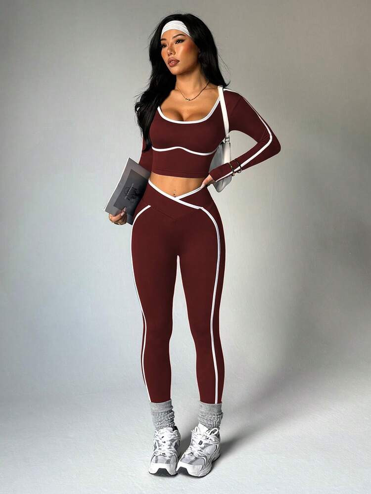 Dewbera Seamless High Elasticity Yoga Fitness Women Sports Criss-Cross Waist Contrast Color Set | SHEIN