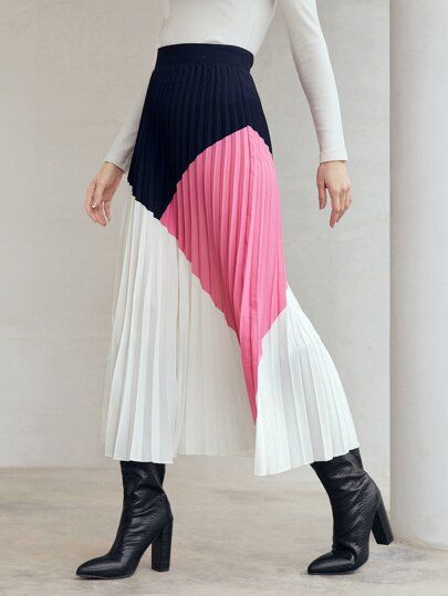 SHEIN BIZwear High Waist Color Block Pleated Skirt SKU: sw2108201996270525(96 Reviews)$23.00$21.8... | SHEIN