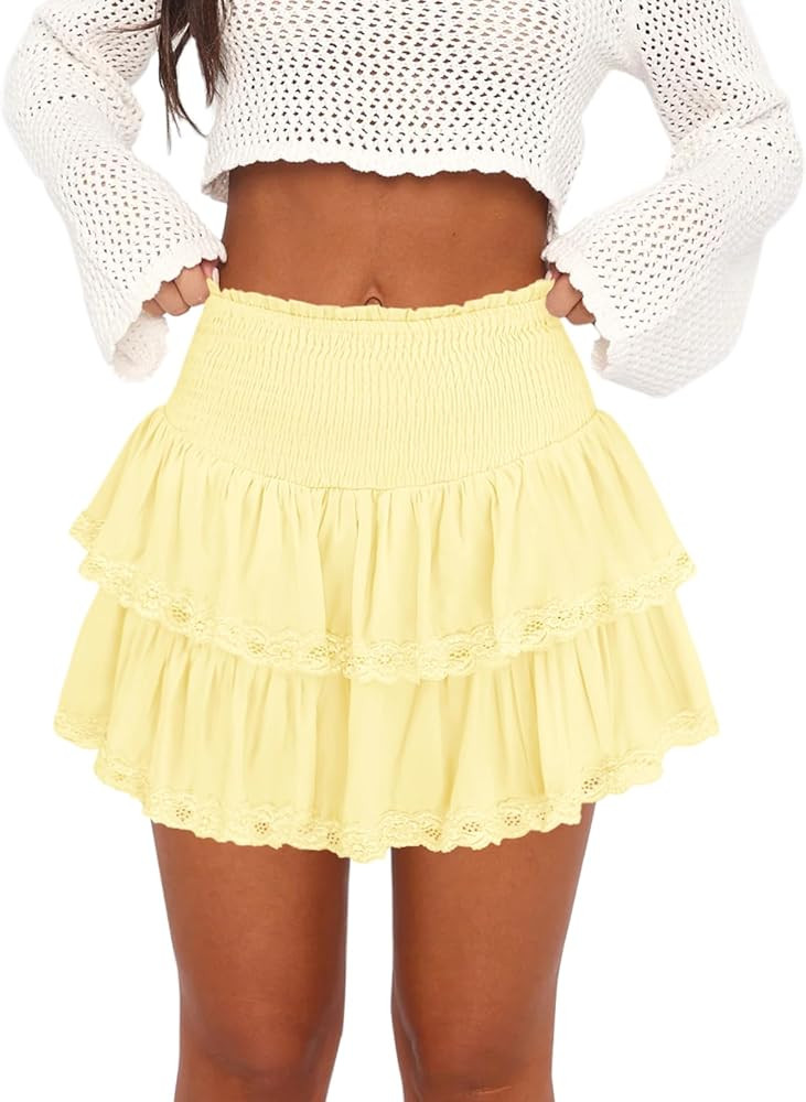 Womens Ruffle Lace Mini Skirt Athletic Golf Tennis Skort Boho Tiered High Waist Flowy Skirts | Amazon (US)
