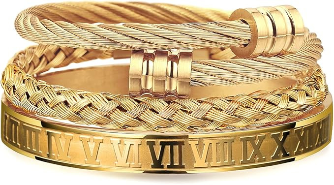 WFYOU 3PCS Stainless Steel Bracelets for Men Gold Roman Numeral Bangle Bracelet Twisted Cable Bra... | Amazon (US)