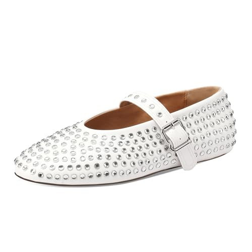 Gatoluma Women's Rhinestone Ballet Flats Crystal Mary Jane Flats Buckle Strap Studded Shoes,White,10 | Amazon (US)