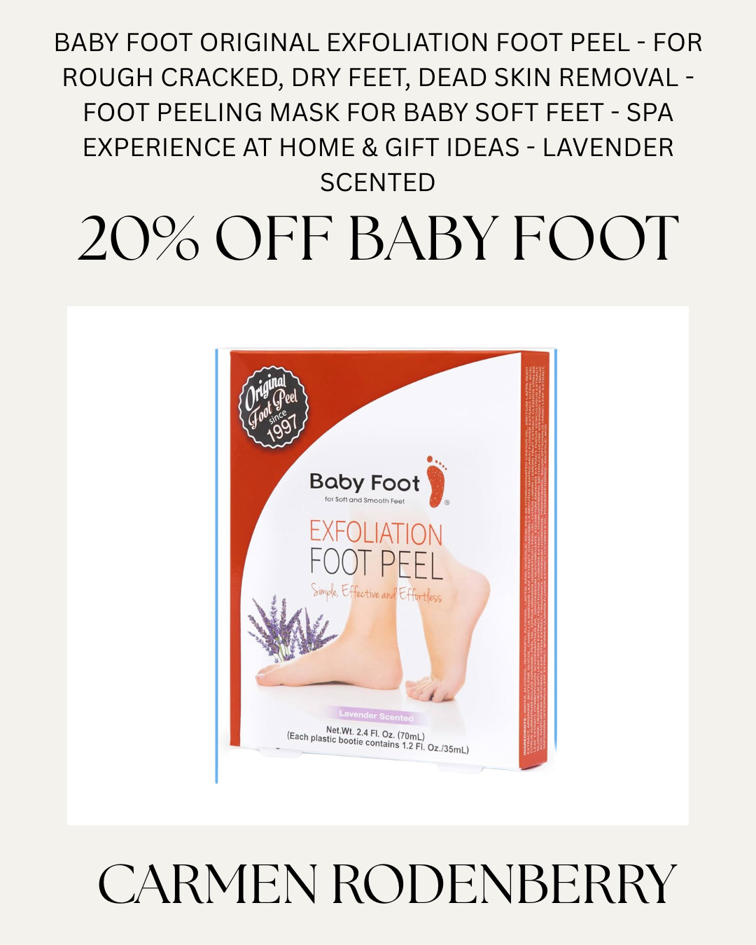 👣✨ One of my favorite self-care finds is on sale! ✨👣
If your feet are feeling a little rough after a summer of sandals, pool days, and barefoot evenings, now is the perfect time to try the Baby Foot Exfoliation Peel.
This at-home treatment helps remove dry, rough skin and leaves your feet feeling incredibly soft. It’s one of those products I keep coming back to because it actually works!
💜 Bonus: the lavender scent makes it feel like a mini spa day at home.
Right now it's 20% off, so I’m stocking up while it’s on sale.
Tap to shop and treat yourself to softer, smoother feet! ✨

SelfCareFavorites BeautyFinds AmazonFinds SpaDayAtHome SummerBeauty FootCare #LTKDeals TreatYourself BeautyMustHave

#LTKselfcare #LTKOver40 #LTKBeauty