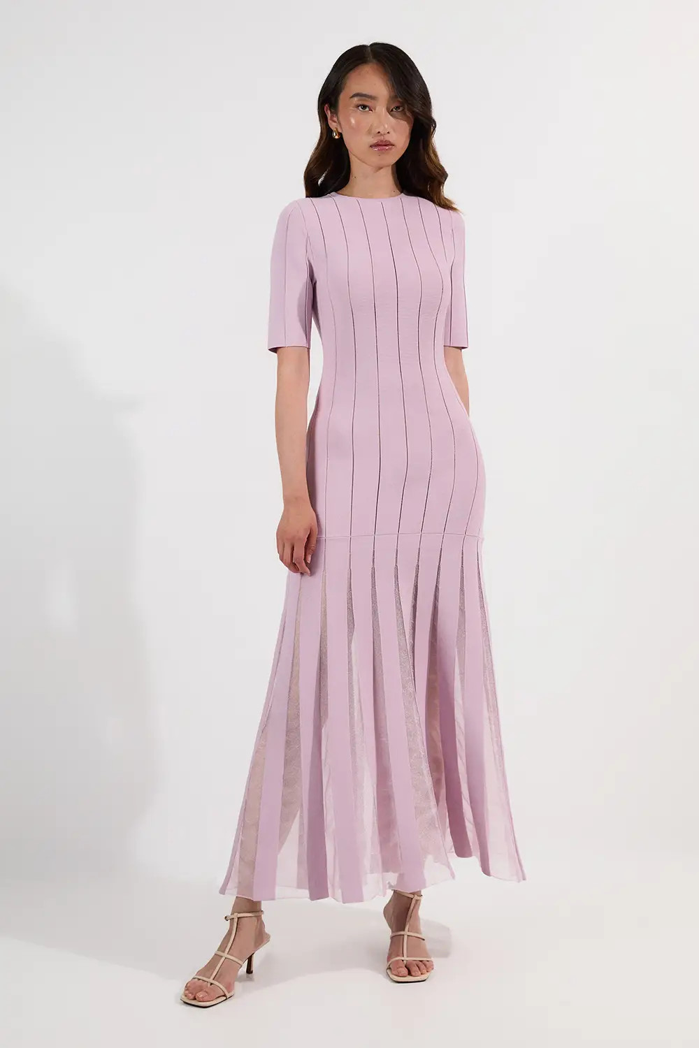 Viscose Blend Filament Full Skirt Knit Short Sleeve Midi Dress | Karen Millen