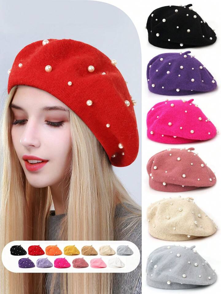 1pc Women's Solid Color Pearl Embellished Wool Casual Beret Elegant Hat | SHEIN