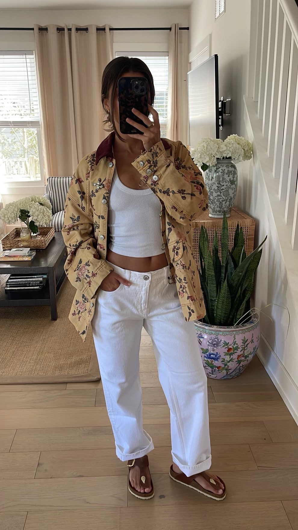 spring outfit inspo styling Birkenstock Gizeh Sandal | outfit details: jacket xs- it is oversized!! Size down if you can, low-rise denim 24 short (code coming!!), tank xxs (code coming!!), sandals eu 35

#LTKShoeCrush #LTKSeasonal #LTKStyleTip