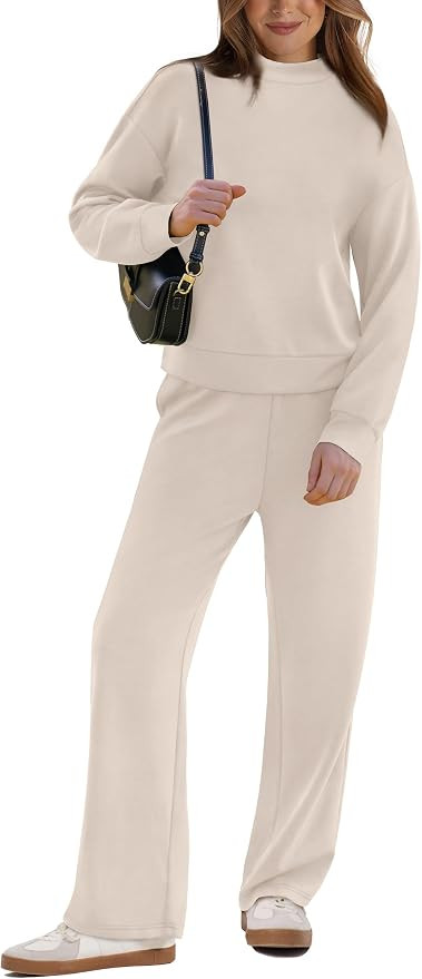 WIHOLL Two Piece Sets for Women Fall Outfits Lounge Sets Mock Neck Tops Wide Leg Pants Vacation T... | Amazon (US)
