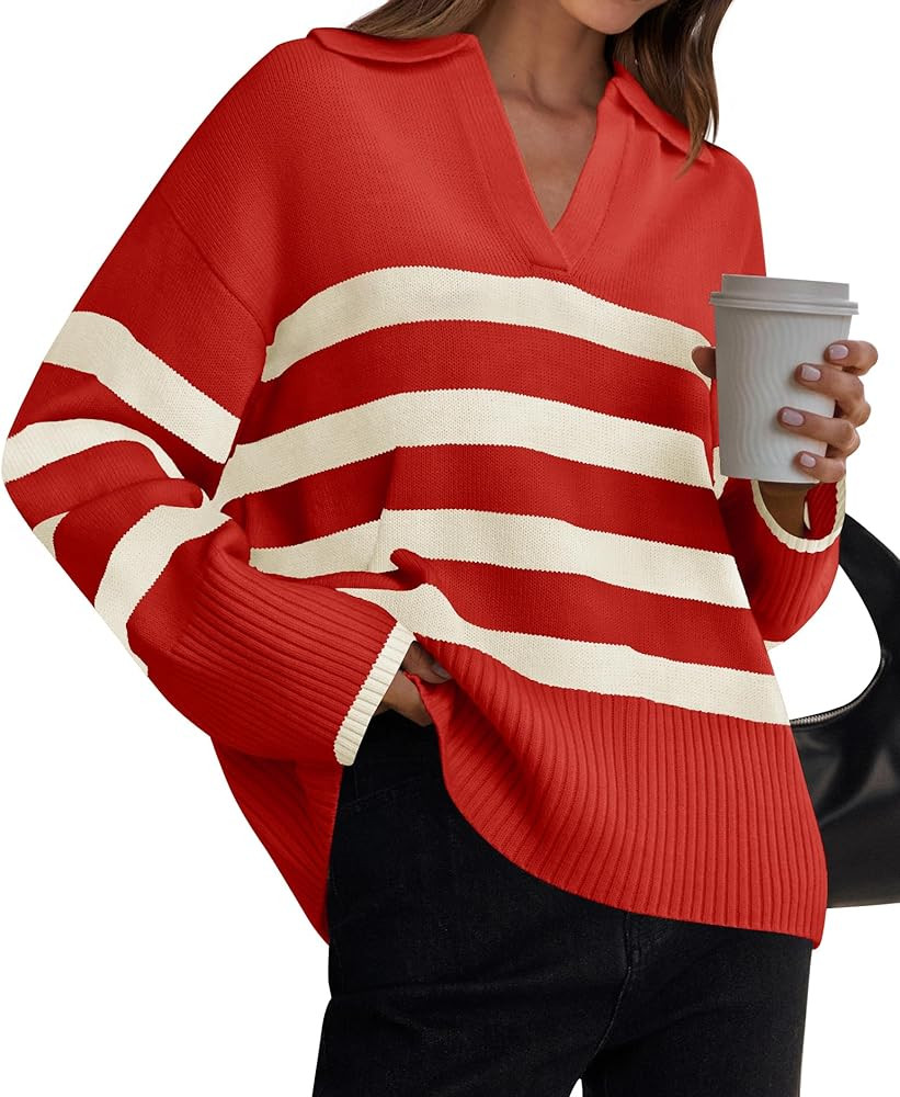 ZESICA Women's 2024 Winter Sweaters Lapel V Neck Long Sleeve Striped Chunky Knit Oversized Pullov... | Amazon (US)