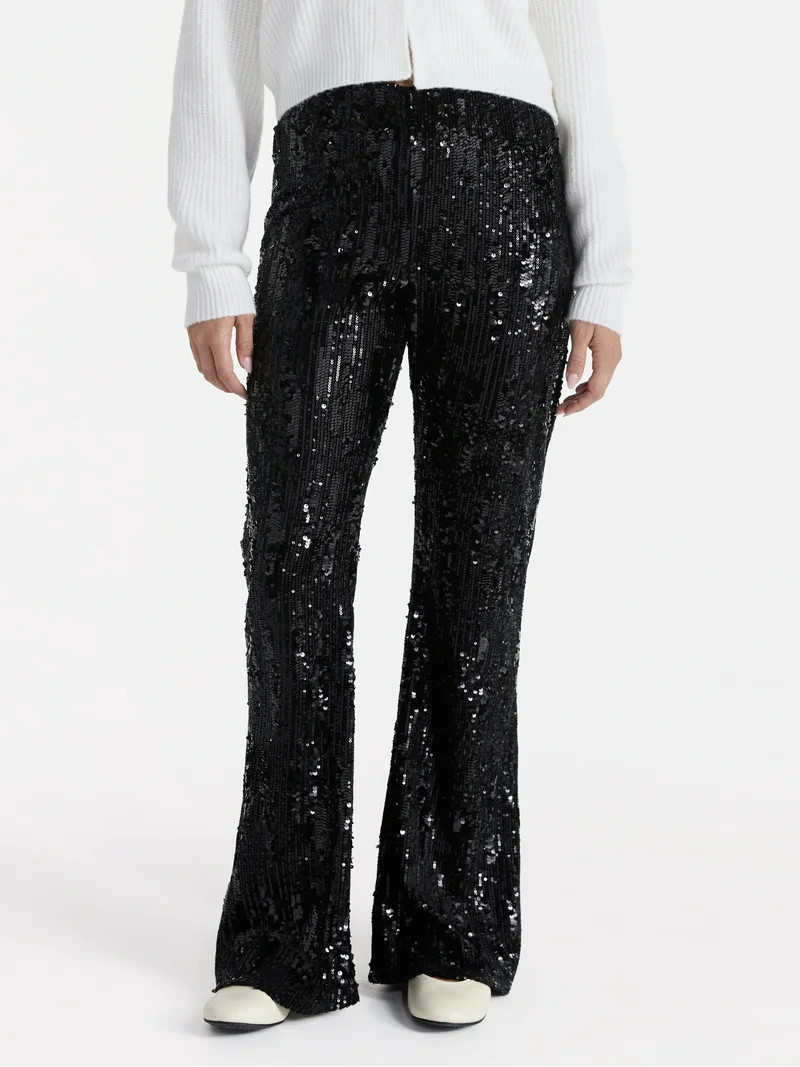 No Boundaries Sequin Flare Pants, Women's and Women's Plus - Walmart.com | Walmart (US)