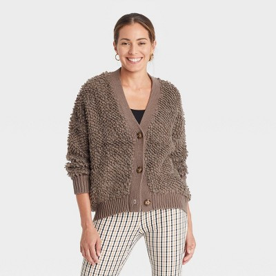 Women's Loop Stitch Cardigan - A New Day™ Brown Jacquard M | Target