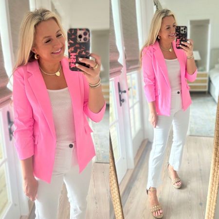 The most perfect pink blazer in the world. It is spring perfection. Wearing a size small. True to size. Jeans are a size 4. Code FANCY15 for 15% off

#LTKsalealert #LTKSeasonal #LTKstyletip