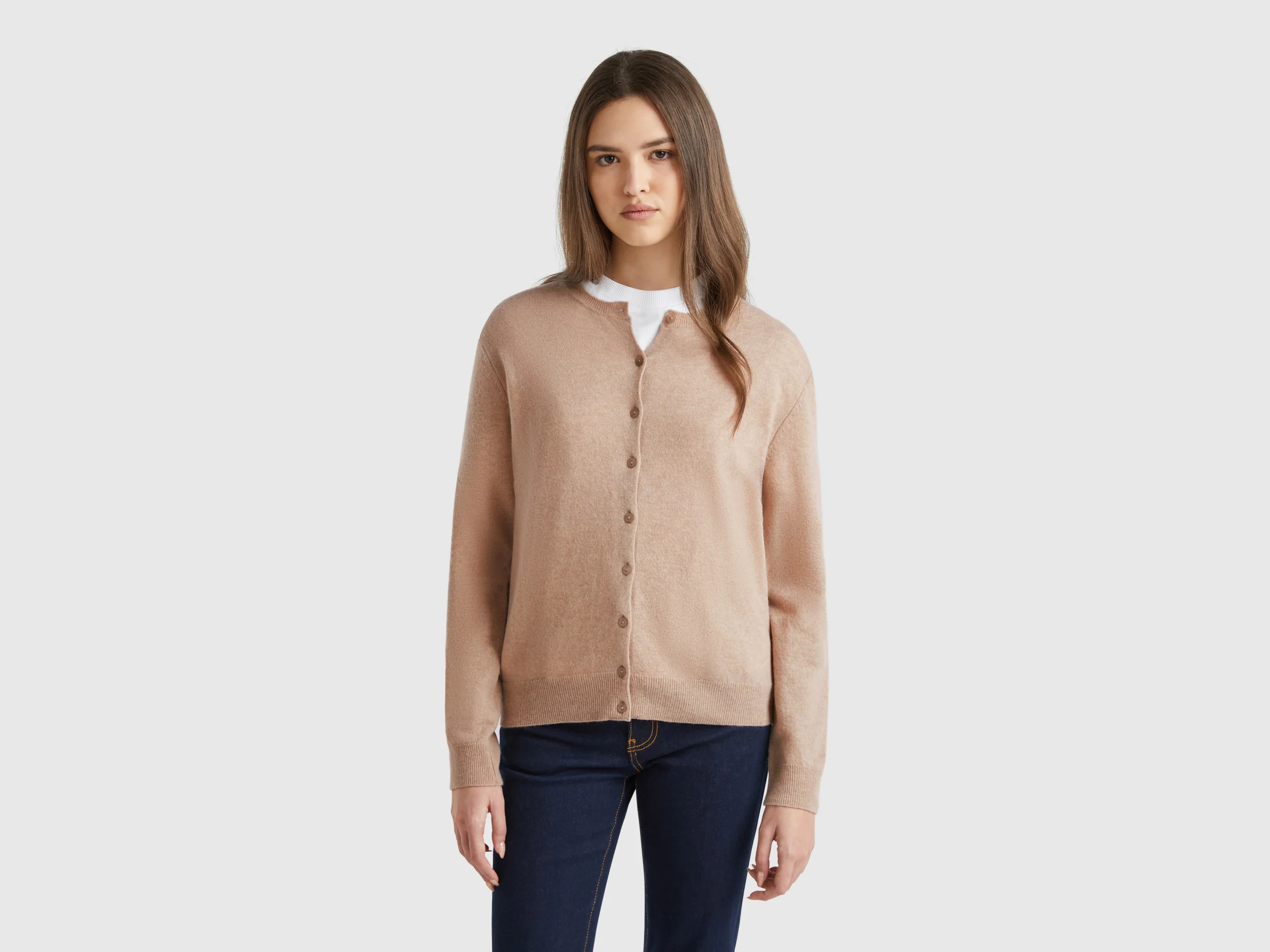 Rundhals-Cardigan in Beige aus reiner Merinowolle - Beige | Benetton | Benetton (EU)
