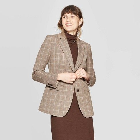 Women's Plaid Long Sleeve Button-Front Bi-Stretch Twill Blazer - A New Day™ Brown | Target