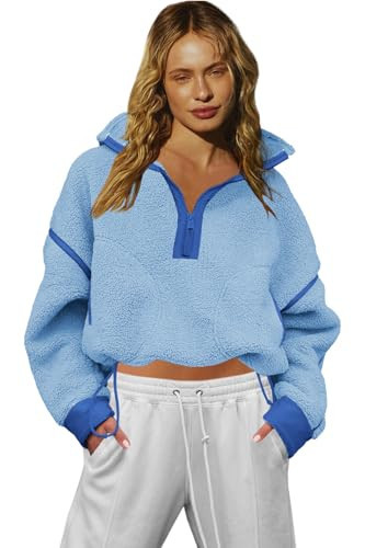 LAMISSCHE Womens Fuzzy Fleece Jacket Long Sleeve Half Zip Sweatshirt with Pockets Casual Sherpa Pullover(Blue&Royal Blue,XL) | Amazon (US)