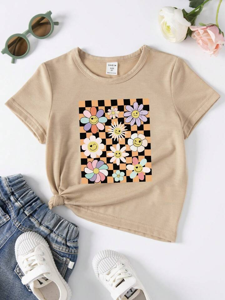 SHEIN Young Girl Checkerboard, Face & Flower Printed Short Sleeve T-shirt, Spring And Summer | SHEIN