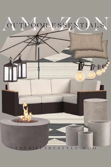AMAZON Outdoor Essentials: patio sofa, outdoor rug, throw pillows, lighting, fire table, planters, side table, area, rug, umbrella.

#LTKSeasonal #LTKStyleTip #LTKHome
