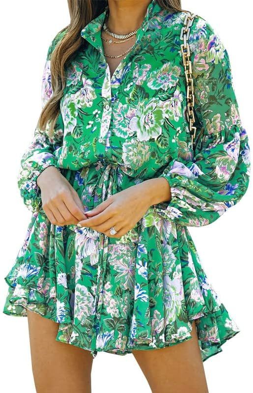 Clarisbelle Women's Long Sleeves Button up Tie Waist Floral Chiffon Dress | Amazon (US)