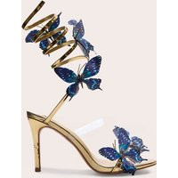 Gold PU Round Toe Blue Butterfly Spiral Strap High Heeled Sandals | PrettyLittleThing US