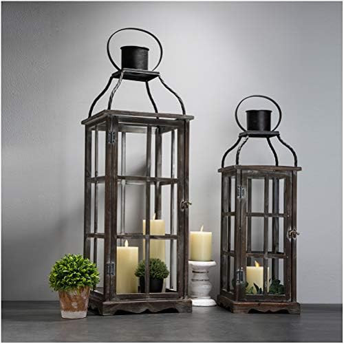 Glitzhome Farmhouse Wood Metal Lanterns Decorative Hanging Candle Lanterns Set of 2 (No Glass) | Amazon (US)