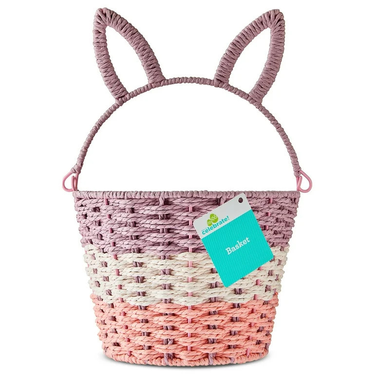 Round Bunny Ear Handle Paper Basket, Pink/White/Purple, 9" x 6.5", Easter by Way To Celebrate | Walmart (US)