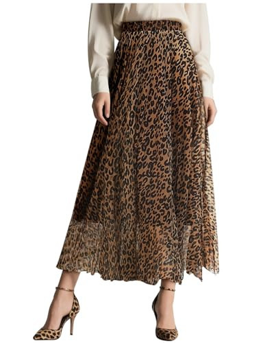 L'VOW Women's Leopard Skirt High Waist Animal Print Maxi Skirts Shirring Pleated A-Line Cheetah Skirts(Ab-Brown,M) | Amazon (US)