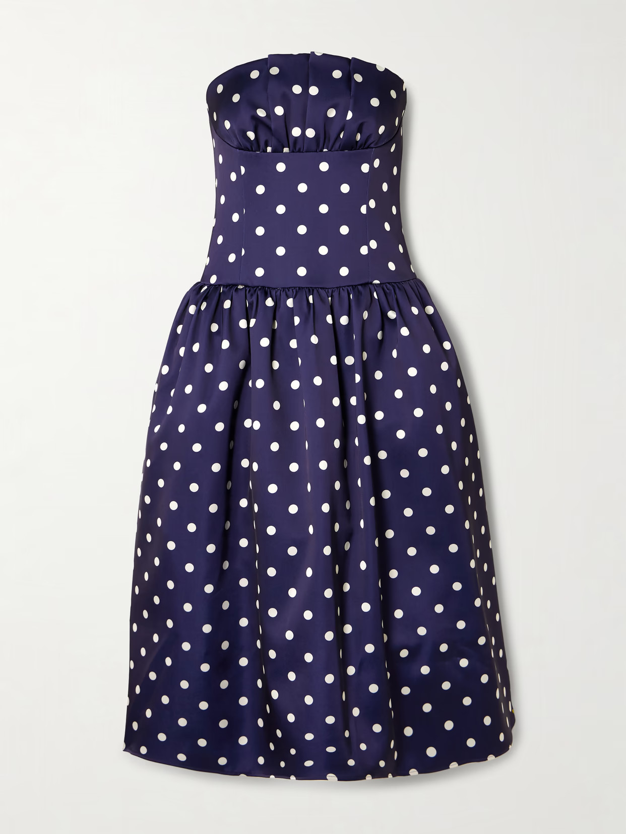 Self-Portrait - Strapless Pleated Polka-dot Satin Midi Dress - Blue | NET-A-PORTER (US)
