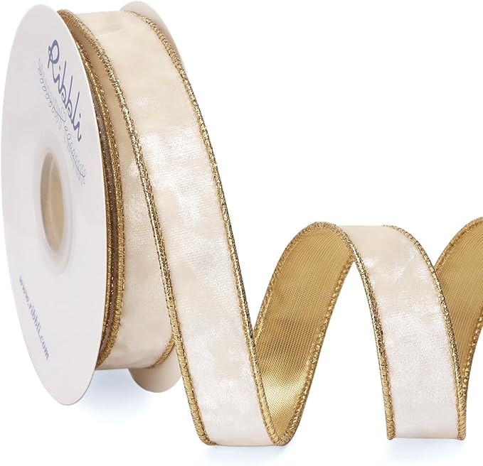 Ribbli Ivory Velvet Wired Ribbon 1 Inch Metallic Ivory Gold Crushed Velvet Christmas Ribbon for G... | Amazon (US)