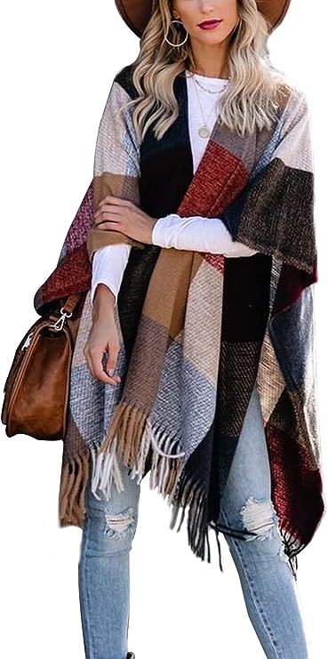 Women Buffalo Plaid Blanket Poncho Plus Size Fleece Kimono Sweaters Knit Fringe Shawl Wraps Warm ... | Amazon (US)
