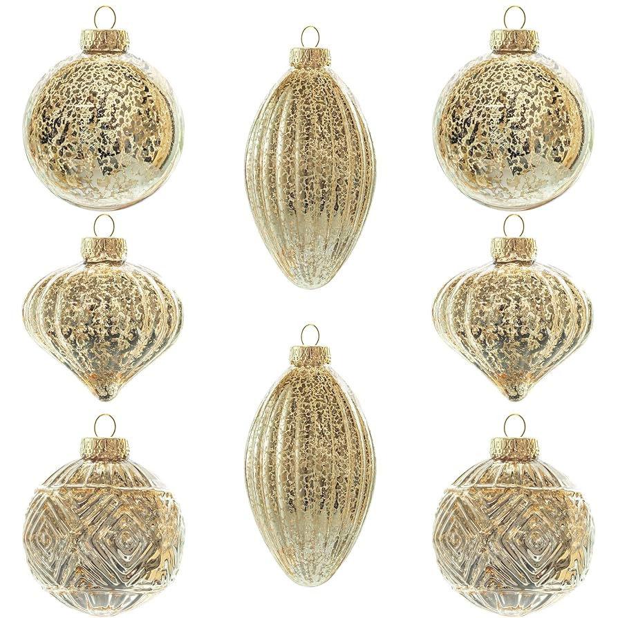 KI Store Mercury Glass Christmas Ornaments Set of 8 Champagne Gold Hanging Christmas Balls Finial... | Amazon (US)