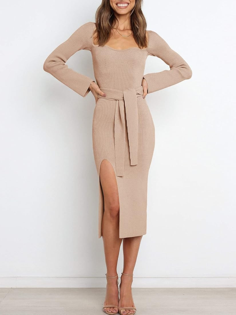 ANRABESS Women's Long Sleeve Sweetheart Neck Tie Waist Slit Side Knit Bodycon Midi Sweater Dress | Amazon (US)