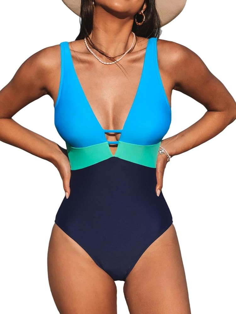 CUPSHE Women One Piece Swimsuit Bathing Suit Cutout V Neck Adjustable Straps Color Block O Ring | Amazon (US)