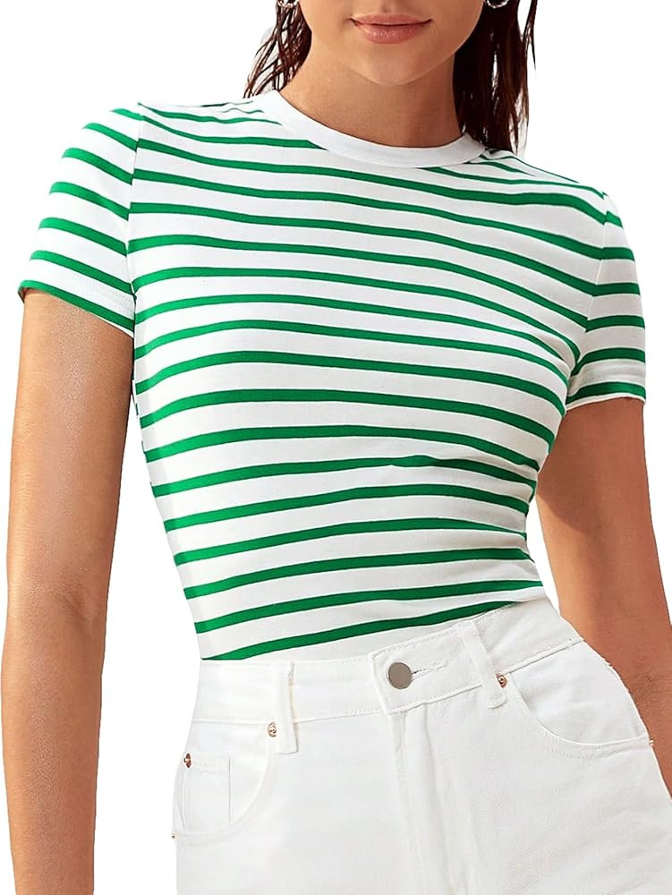 Floerns Women's Striped Print Round Neck Short Sleeve Slim Fit Tee Shirt | Amazon (US)