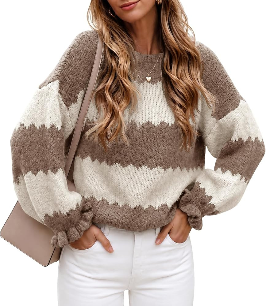 Saodimallsu Womens Striped Sweaters Color Block Ruffle Sleeve Pullover Tops | Amazon (US)