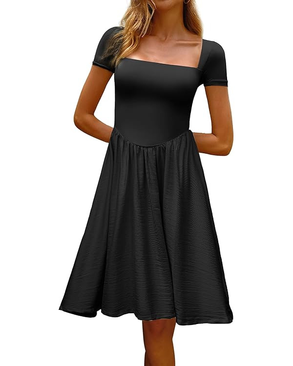 CHYRII Women Fashion Summer 2025 Square Neck Short Sleeve A-Line Wedding Guest Cocktail Midi Dres... | Amazon (US)