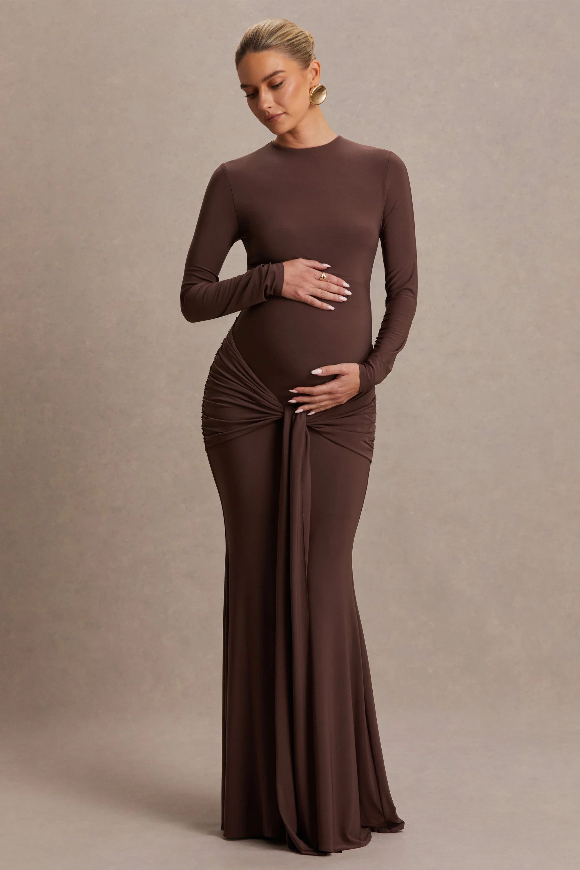 Aveny  Brown Crew-Neck Maternity Maxi Dress With Ruched-Detailing And Sash | Club L London