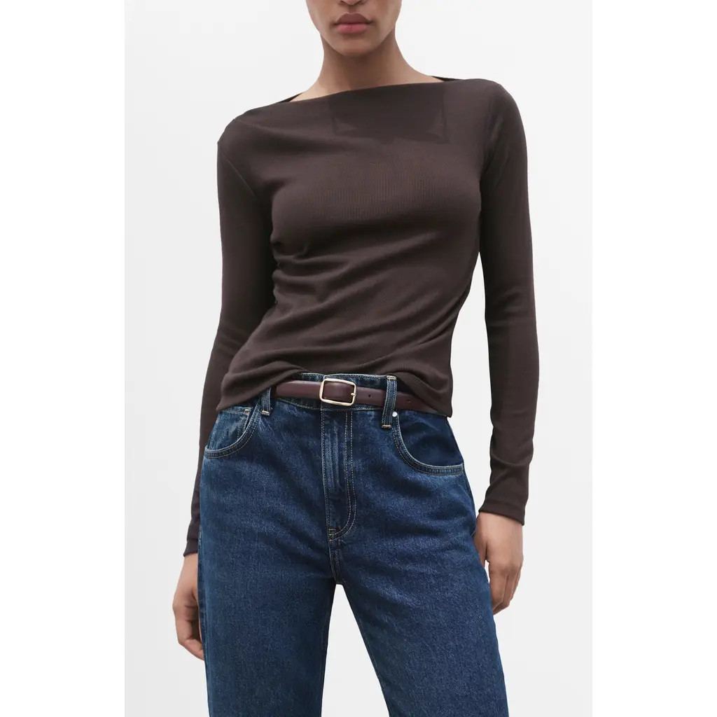 MANGO Boat Neck Long Sleeve T-Shirt in Chocolate at Nordstrom, Size Medium | Nordstrom