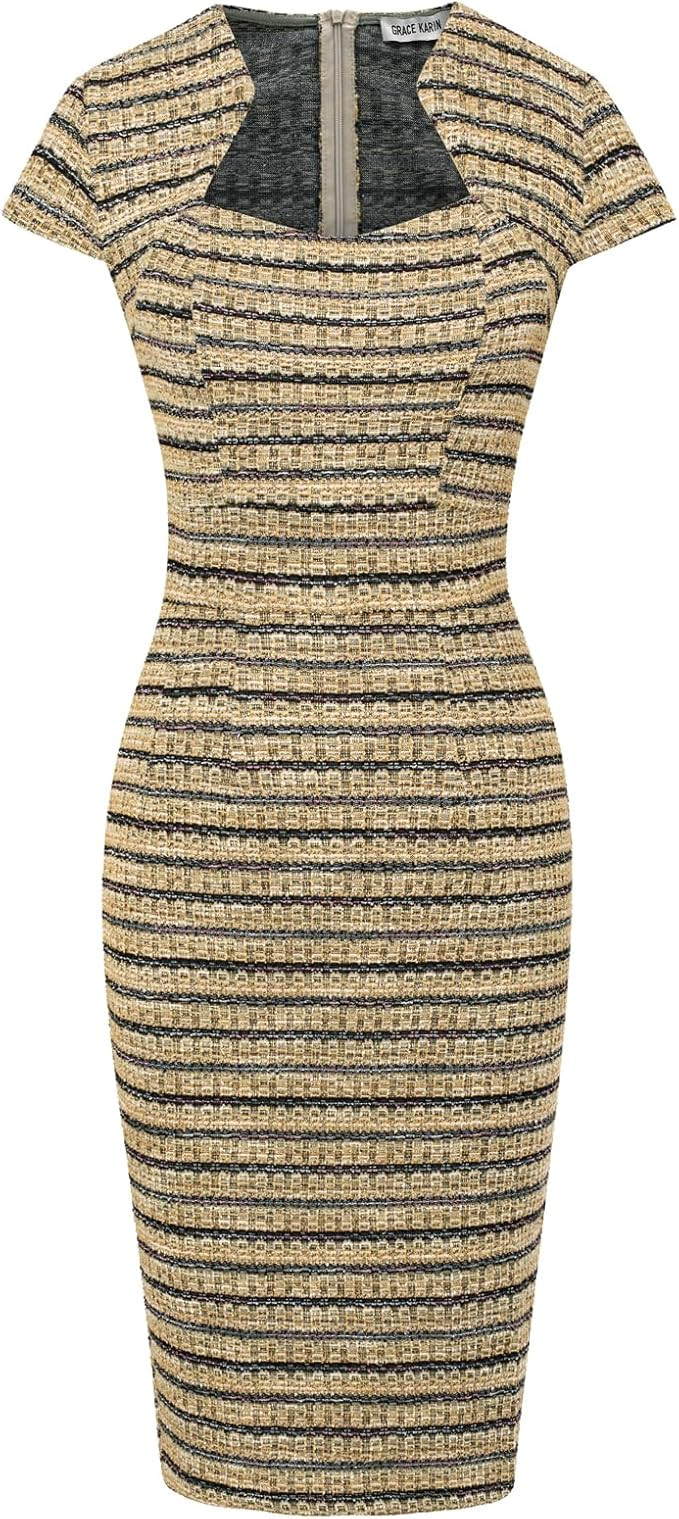 GRACE KARIN Women's Gorgeous Pencil Dress Cap Sleeve Tweed Pencil Dress for Work | Amazon (US)