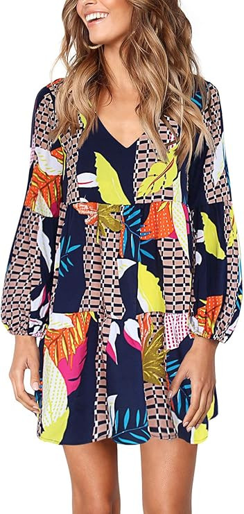 Amoretu Women Summer Tunic Dress V Neck Casual Loose Flowy Swing Shift Dresses | Amazon (US)