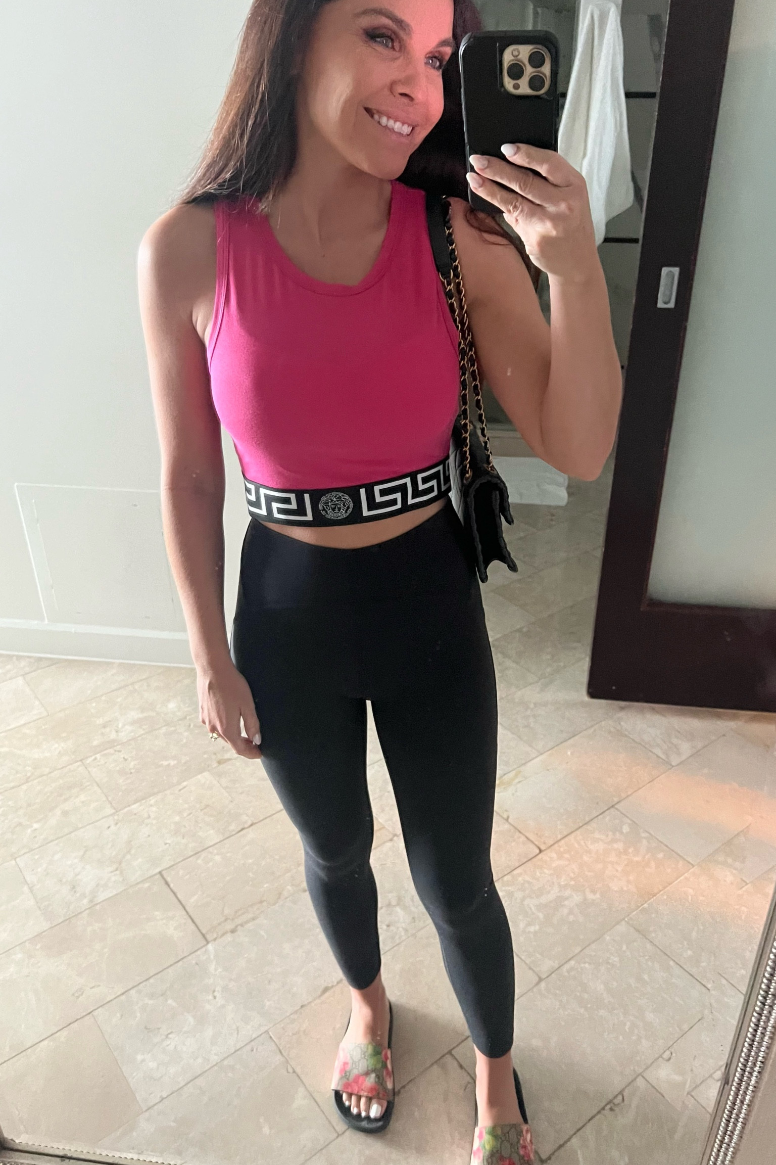 Wearing size 1 in the Versace top! Pink top, Miami ootd, vacation style, Versace, Gucci slide, Guccii