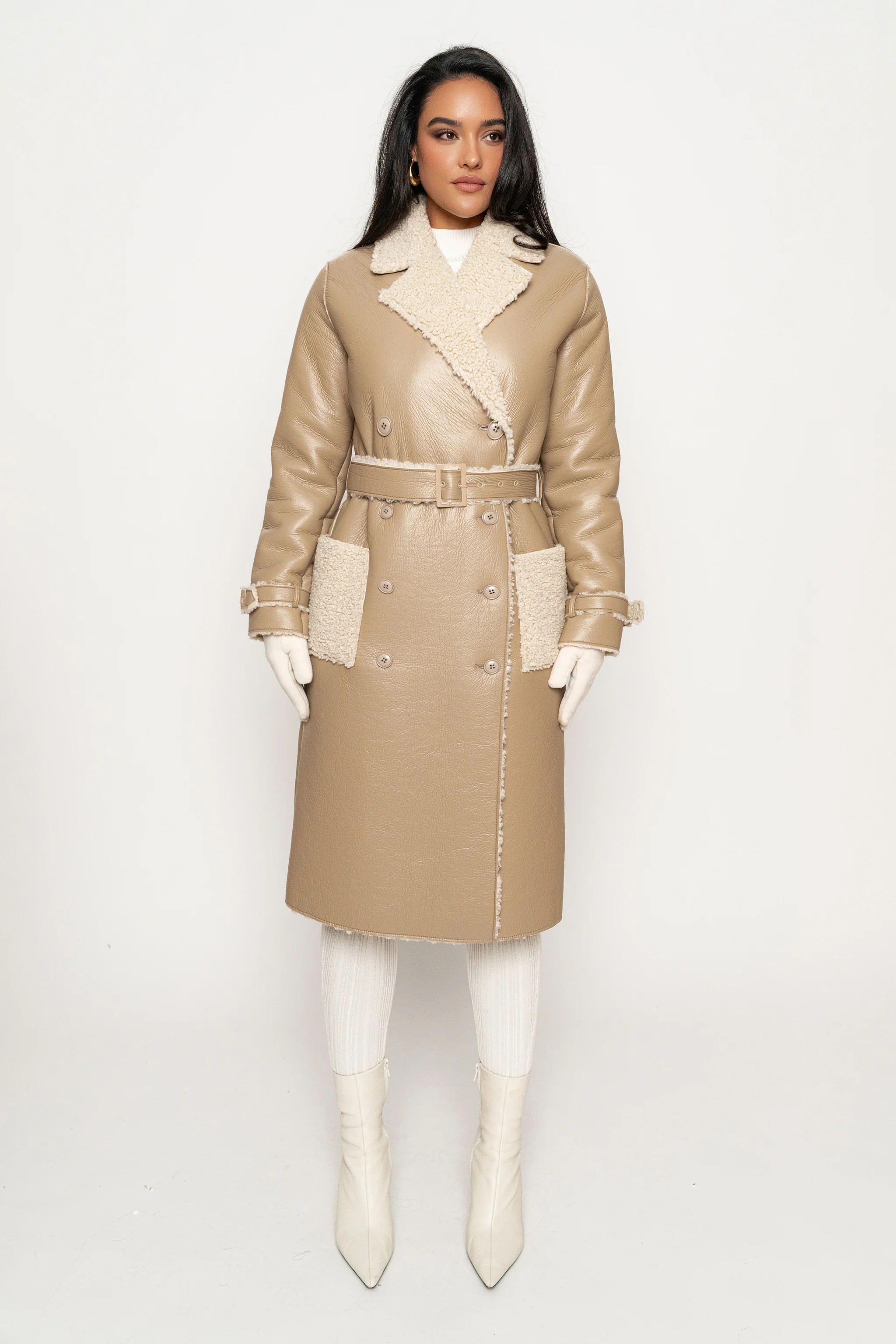 Beige/Ivory Sherpa And Faux Leather Coat | JLUXLABEL
