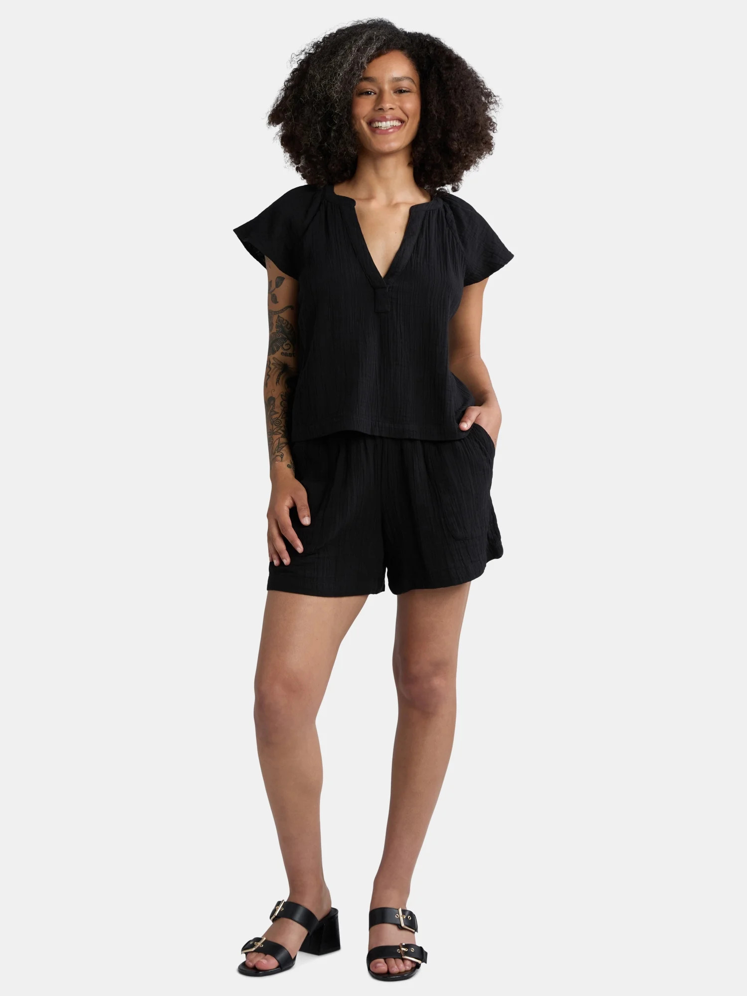 Time and Tru Women's Double Cloth Short Set, Sizes XS-XXXL | Walmart (US)