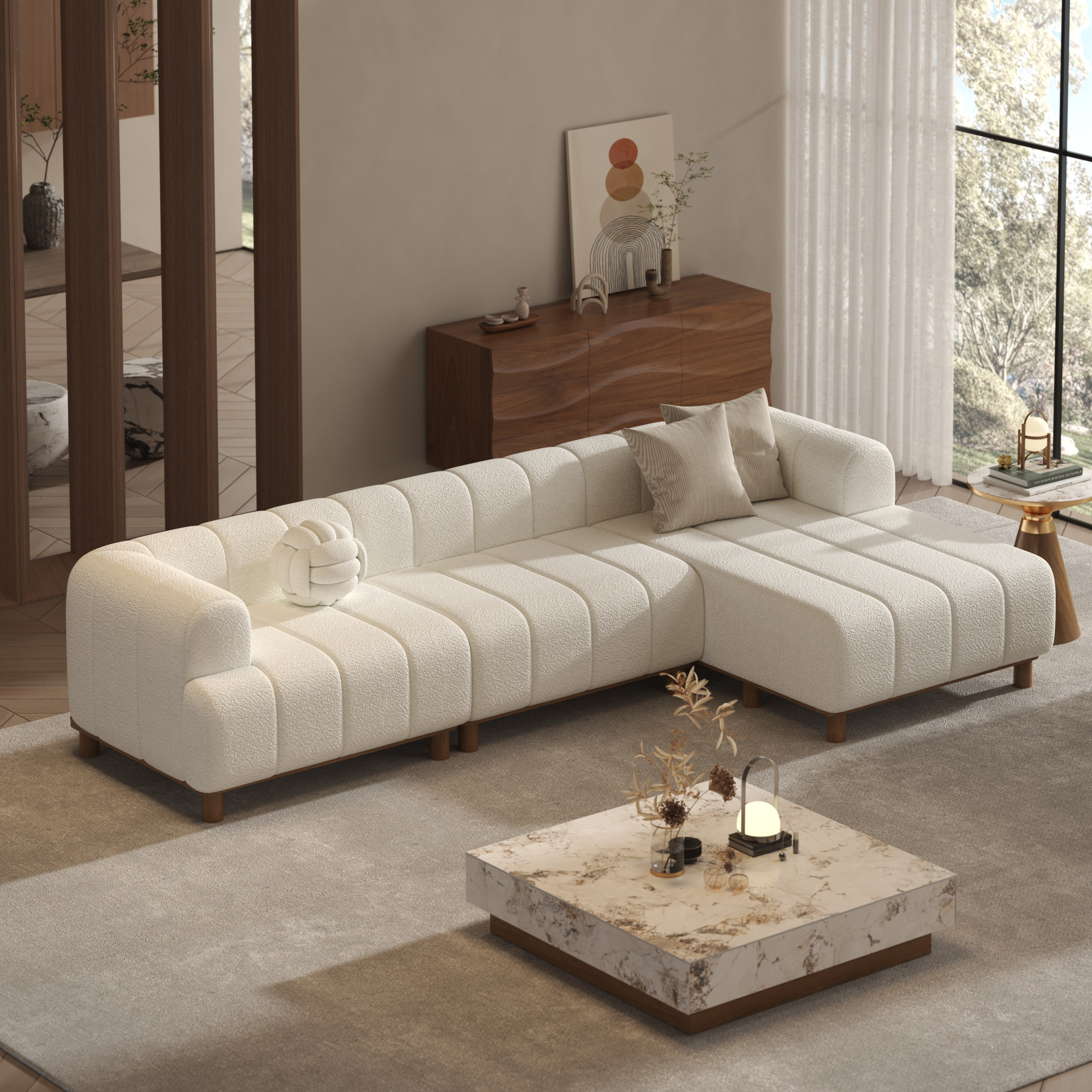118"" Boucle L-Shaped Sectional Sofa 3 Pieces White Sectional Couch wiith Wood Legs | Homary