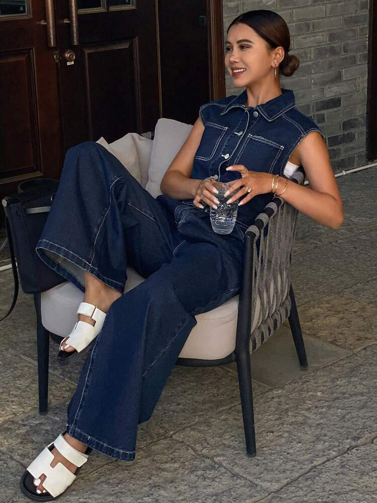 Livesso Women's Single-Breasted Vest And Wide Leg Jeans Loose Denim Suit | SHEIN