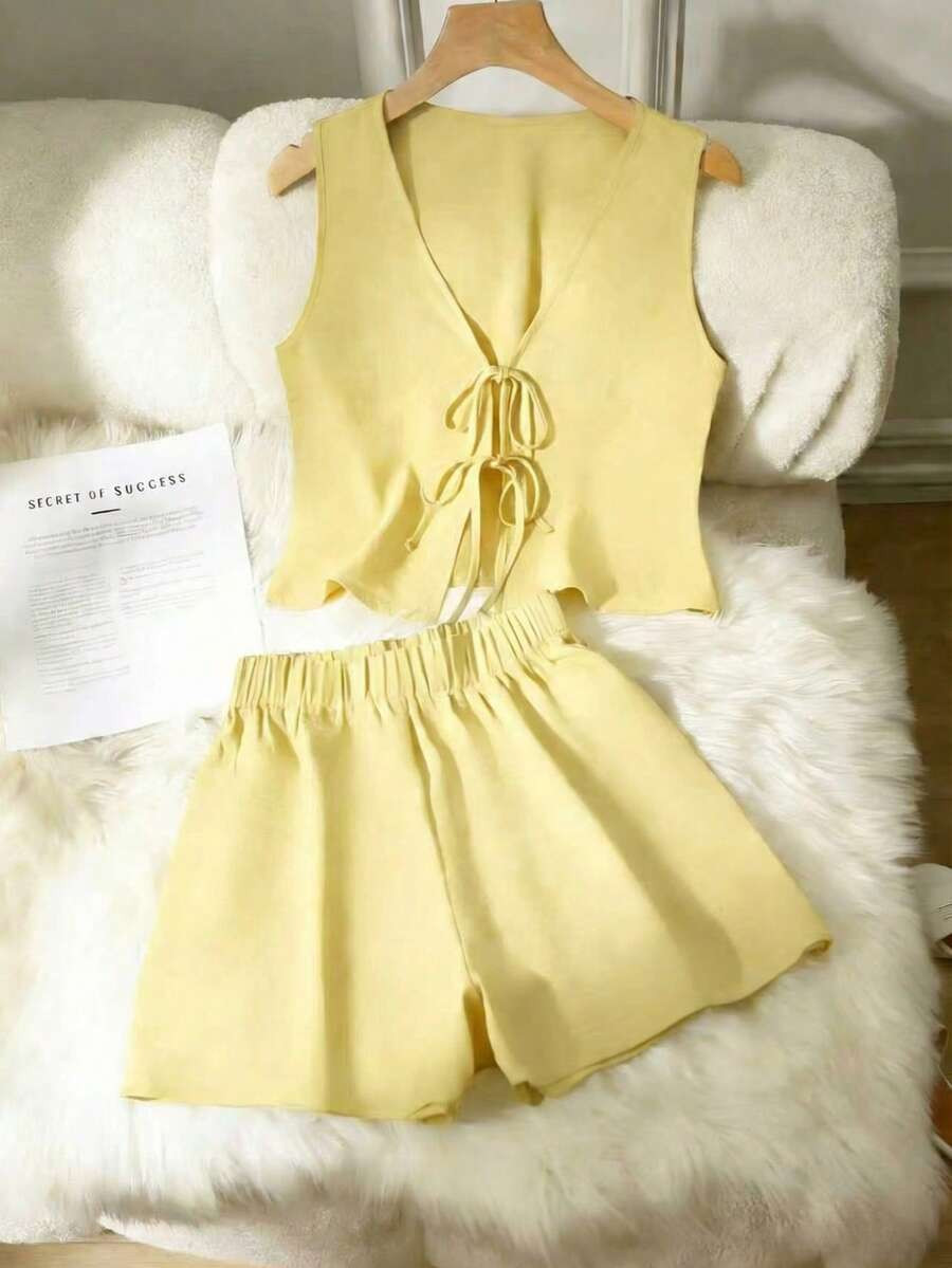 2pcs/Set Solid Color Casual Knotted Women Outfit, Spring/Summer | SHEIN