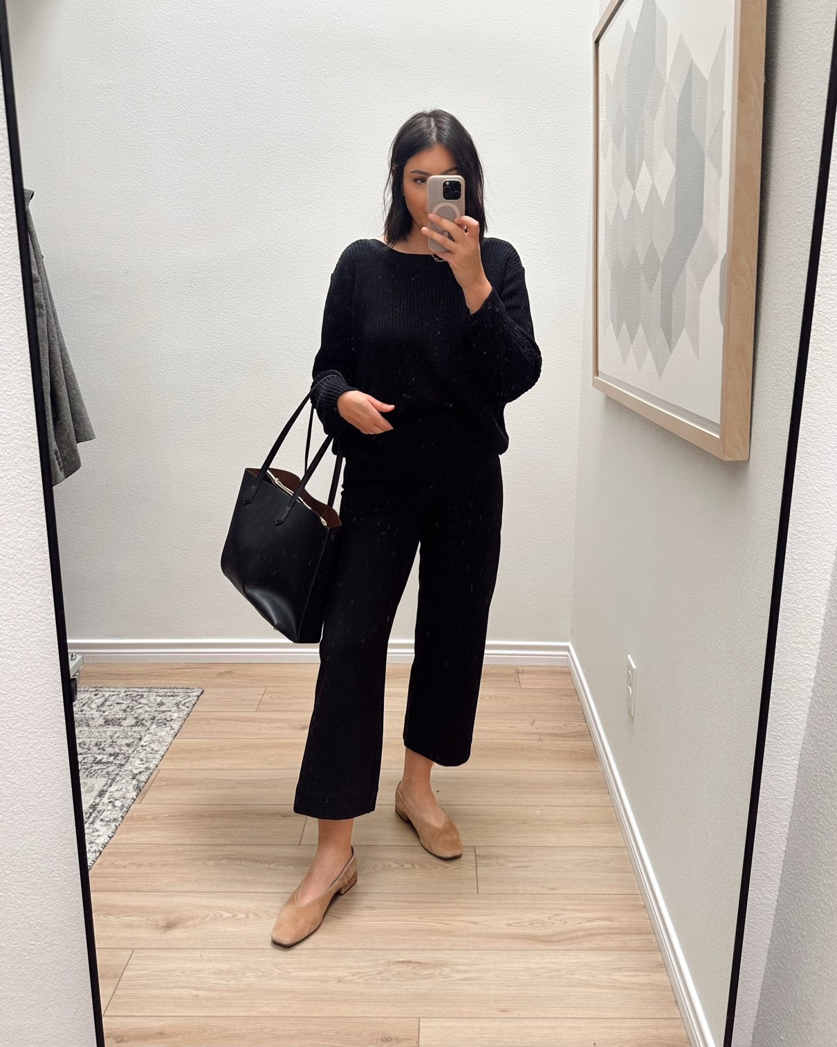 Black sweaters are so necessary but they photograph so boring.  This is a cotton boatneck sweater with a nice ribbed texture. I really like this one – it’s a thicker sweater but not too heavy. I am in the medium and it fits perfectly loose and relaxed. 

I also highly recommend these pants! They're bouncy AF and so flattering. I find they run a bit snug at the waist, I'm in the 30 and they're fitted on me.  

 