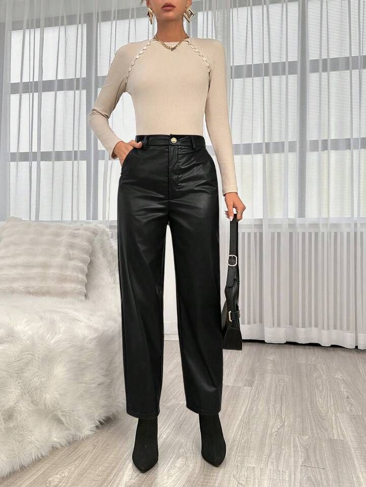 SHEIN Privé Slant Pocket PU Leather Pants | SHEIN