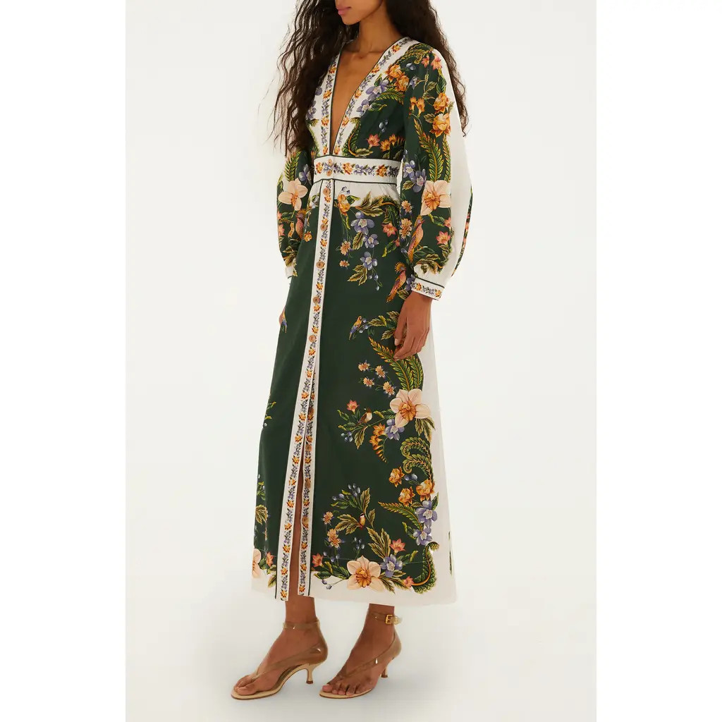 FARM Rio Nature Green Long Sleeve Floral Maxi Dress at Nordstrom, Size Xx-Small | Nordstrom