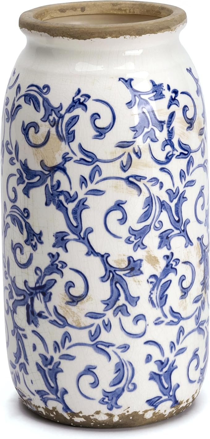 VICTOR & TERESA Rustic Large Blue and White Vase for Home Decor, 10'' Tall Ceramic Vases for Flow... | Amazon (US)