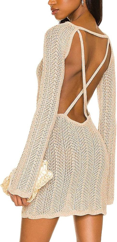 NaranjaBurbuja Womens Sexy Backless Knit Crochet Mini Bodycon Dress Long Sleeve Hollow Out Knitte... | Amazon (US)